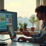 "How Top AI Tools for Everyday Use Are Revolutionizing Personal Communication and Productivity" "A young professional sits comfortably at a minimalist desk, using AI-powered productivity tools on a large monitor while engaging in a video call with a subtle soft focus effect."