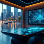 Transform Your Marketing Strategy with AI-Powered Tools for Enhanced Campaign Optimization and Better ROI "A high-tech marketing control room with a large curved screen displaying an AI-powered campaign optimization dashboard and a futuristic console with glowing blue lines and soft-glowing LED indicators."