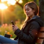 "How to Enhance Your Personal Safety with Top AI Tools for Everyday Use" "A young woman sits confidently on a park bench at sunset, surrounded by lush greenery, checking her AI-powered personal safety app with a compact smartphone and portable Wi-Fi hotspot."