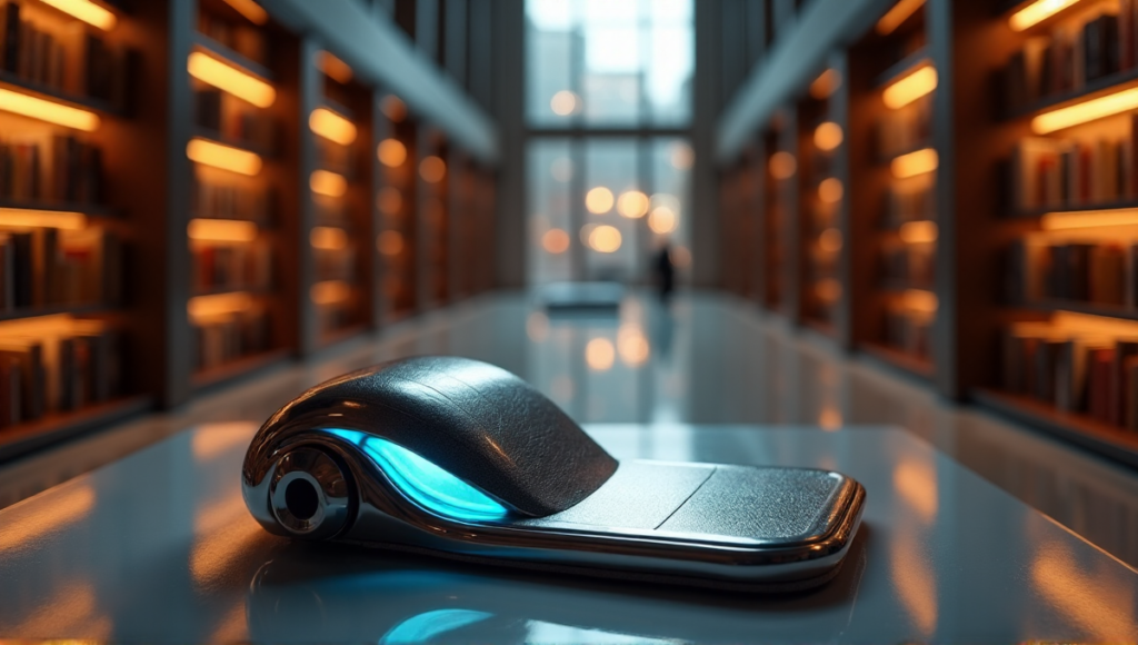 "A futuristic library featuring an AI-powered writing machine on a minimalist desk with glowing blue accents, surrounded by towering bookshelves in warm golden hour lighting."
