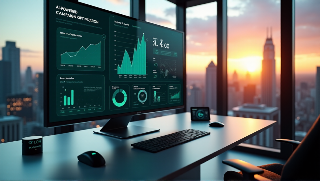 "Image of a modern marketing control room with a large analytics dashboard on a silver desk, showcasing AI-powered campaign optimization metrics and real-time data visualizations."