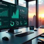 "Image of a modern marketing control room with a large analytics dashboard on a silver desk, showcasing AI-powered campaign optimization metrics and real-time data visualizations."