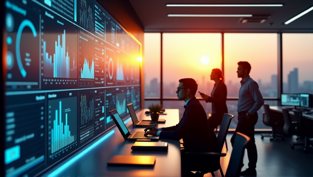 "A team of professionals in a modern control room work together to deliver exceptional customer experiences using AI solutions, surrounded by high-tech equipment and a large cityscape at sunset."