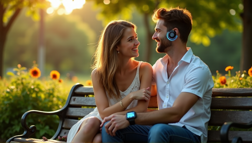 "A young couple sits on a weathered park bench, surrounded by lush greenery, smiling warmly at each other while using AI-enhanced earpieces and an augmented reality smartwatch."