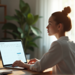 "A young professional woman sits calmly at a modern desk, surrounded by organized notes and a laptop displaying a digital calendar, with soft natural light illuminating her face and workspace."