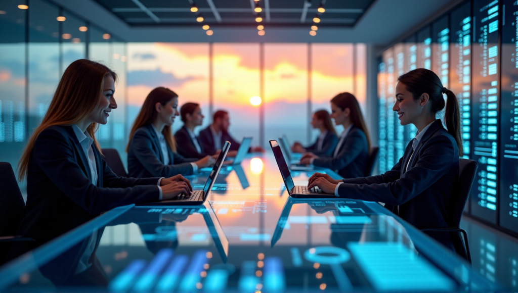 "A modern customer service center with a large touchscreen display showcasing AI-driven automation solutions, surrounded by agents using video conferencing equipment to resolve issues efficiently."