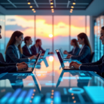 "Unlock Efficient Customer Service with AI-Driven Automation Solutions" "A modern customer service center with a large touchscreen display showcasing AI-driven automation solutions, surrounded by agents using video conferencing equipment to resolve issues efficiently."