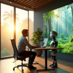 "How to Leverage AI Automation Solutions for Sustainable Business Practices" "An eco-friendly office space featuring a young professional working alongside an AI-powered virtual assistant, symbolizing harmony between technology and nature through sustainable business practices."