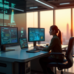 "A futuristic marketing control room with a silver AI-powered computer system at its center, surrounded by high-tech equipment and a young marketing professional intensely focused on campaign metrics and analytics."