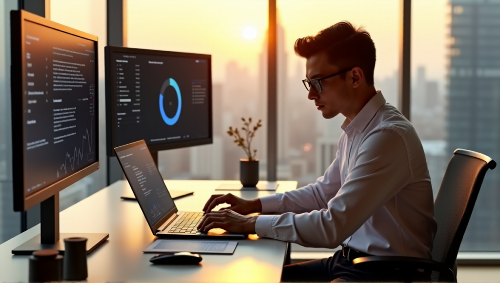 "A young marketing professional intensely focuses on an AI-powered laptop displaying real-time insights, data analytics, and predictive trends in a high-rise office during golden hour."