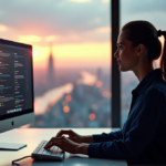 "Maximize Customer Service Excellence with AI-Powered Solutions: Best Practices for Implementing AI in Customer Support" "A female customer support agent attentively listens to a caller while surrounded by data analytics screens and AI-powered chat windows in a modern center with a cityscape view."