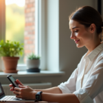 AI Innovations for Daily Life: Unlocking Personal Productivity and Efficiency "A young professional woman sits comfortably at her home office desk surrounded by AI-powered gadgets, smiling as she checks her schedule on her phone amidst a warm and inviting background with natural light."