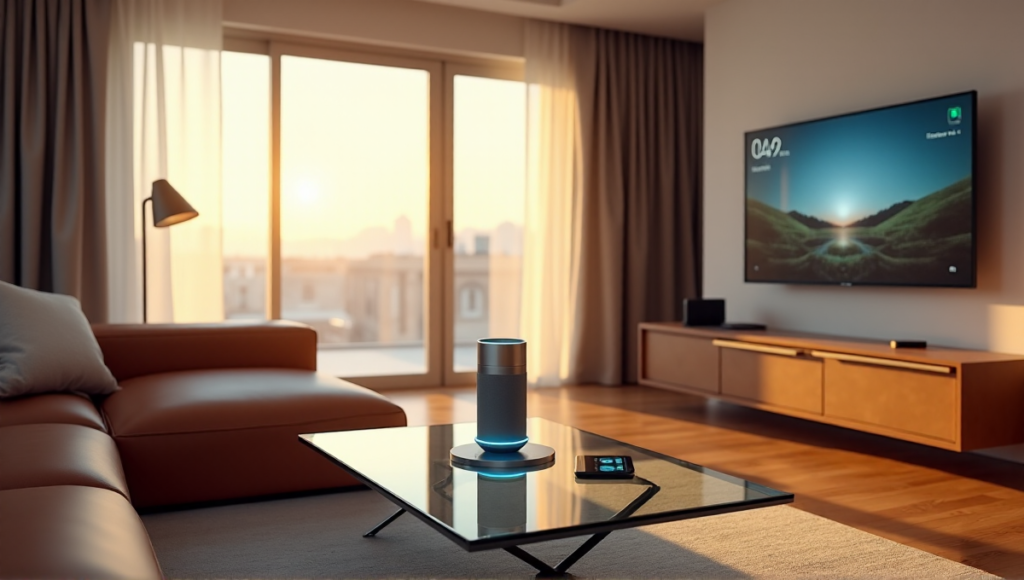 "A modern smart home living room featuring AI-powered voice assistant, seamless automation, and state-of-the-art devices in a minimalist setting with warm golden hour light."