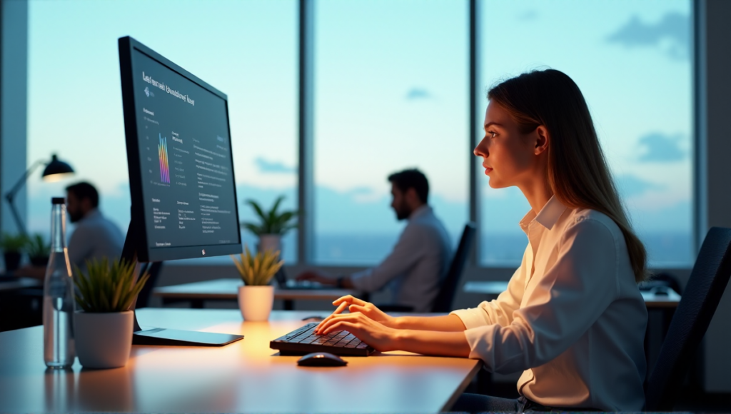"A young professional sits at a minimalist desk, focused on an AI-driven task management interface on their 4K monitor, surrounded by a clutter-free workspace with plants and natural light."