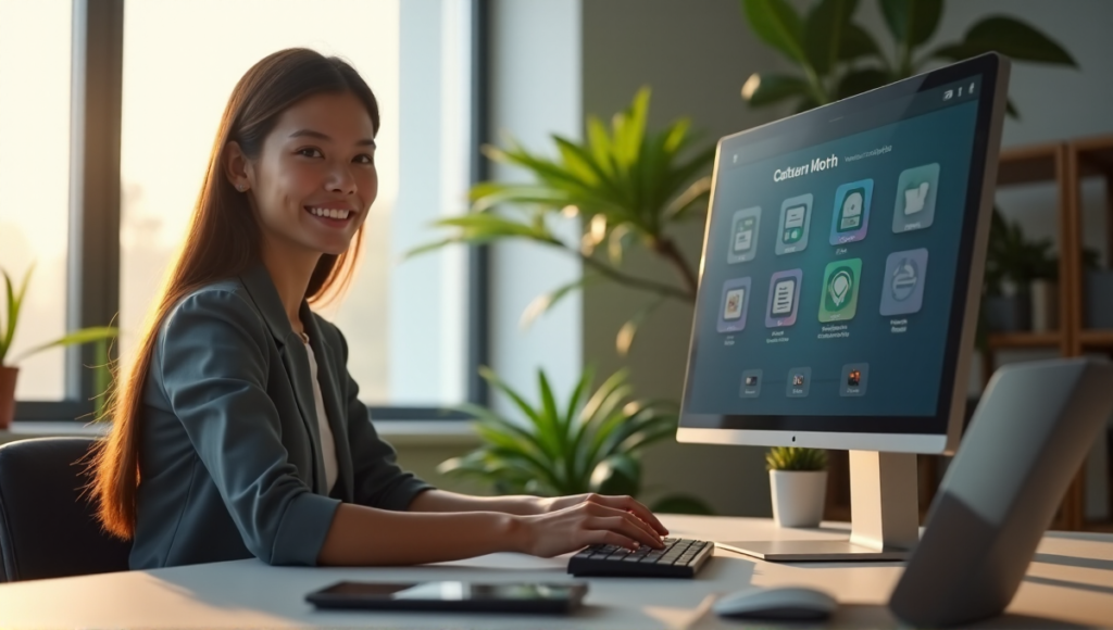 "A young professional sits at a minimalist desk, surrounded by AI-powered productivity tools like Todoist, Trello, and RescueTime, exuding calm focus with hands on keyboard in a modern office environment."