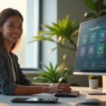 "A young professional sits at a minimalist desk, surrounded by AI-powered productivity tools like Todoist, Trello, and RescueTime, exuding calm focus with hands on keyboard in a modern office environment."