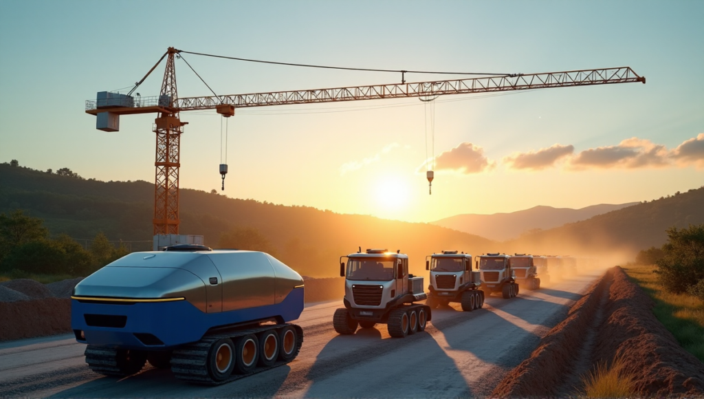 "Autonomous AI-powered construction equipment in harmony at a modern site, reflecting golden dawn light."