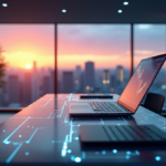 Maximizing Marketing ROI with AI-Efficiency-Hub's Top Picks for Enhanced Campaign Optimization "A sleek, modern marketing dashboard in a high-tech office space, featuring glowing blue LED lights and soft-touch buttons, with a cityscape view at dusk."