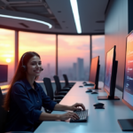 "Transform Customer Service with AI-Powered Solutions: Revolutionizing Standards and Efficiency through Enhanced Flexibility" "A futuristic customer service center with a young representative using an AI-powered chat interface amidst cutting-edge technology and streamlined operations."