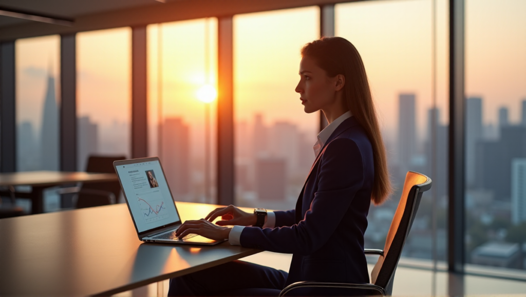 "A female executive sits confidently at a minimalist desk, surrounded by AI-powered tools, in a well-lit office with a cityscape view, showcasing seamless integration of AI Automation Solutions into her workflow."