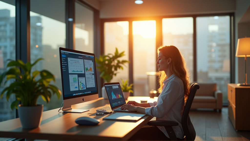 "A serene office space with a remote worker efficiently using cutting-edge technology and AI apps, including Top AI Apps Home Work 2025, amidst a calm and productive atmosphere."