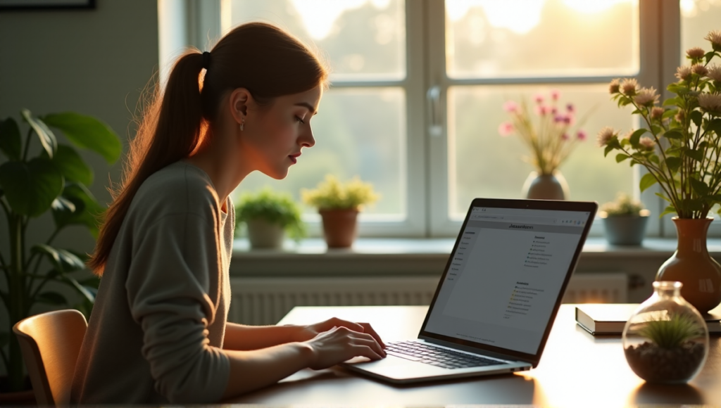 "A young woman sits at a minimalist desk, surrounded by lush greenery, using a digital journaling interface on her laptop, exemplifying the benefits of AI automation solutions in a serene morning setting."