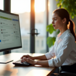 "How to Unlock Everyday Efficiency with Top AI Tools for Seamless Productivity and Business Growth" A young professional sits at a minimalist desk with AI tools like Trello, Asana, and Google Workspace subtly integrated into her workspace, showcasing seamless productivity with AI automation solutions.
