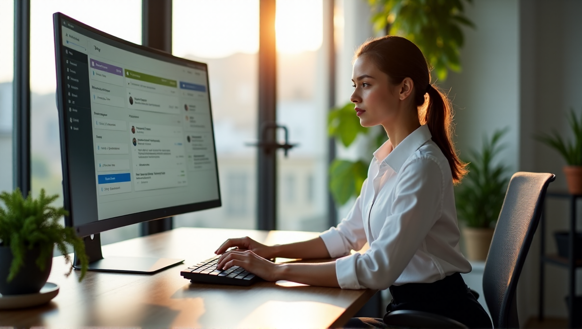 A young professional sits at a minimalist desk with AI tools like Trello, Asana, and Google Workspace subtly integrated into her workspace, showcasing seamless productivity with AI automation solutions.