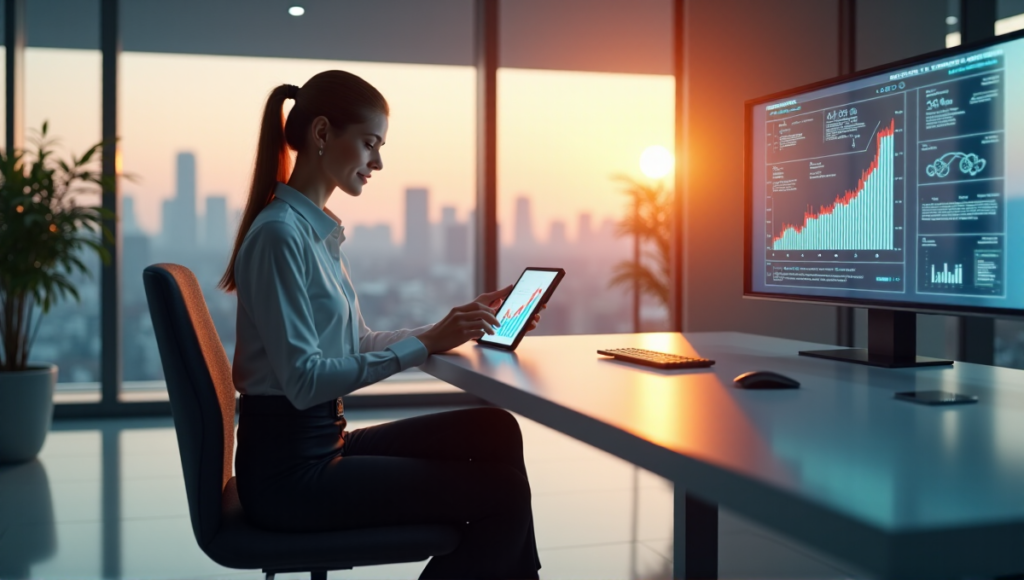 "A female executive sits confidently at a minimalist desk surrounded by AI-powered technology in a modern high-rise office with cityscape views, using business analytics tools like ai business productivity tools 2025."