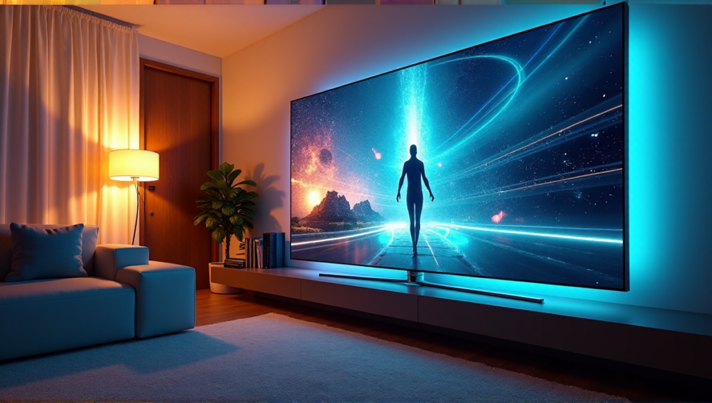"A futuristic living room with a large 3D TV displaying immersive AI-generated virtual reality, surrounded by warm golden hour lighting and subtle smart home system indicators."