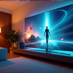 Top AI Innovations for Daily Life in Entertainment and Media Simplified "A futuristic living room with a large 3D TV displaying immersive AI-generated virtual reality, surrounded by warm golden hour lighting and subtle smart home system indicators."
