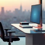 AI-Driven Task Management Solutions for Enhanced Productivity "A modern office space featuring a sleek desk with an AI-powered task management system, surrounded by minimalist furniture and natural cityscape view."