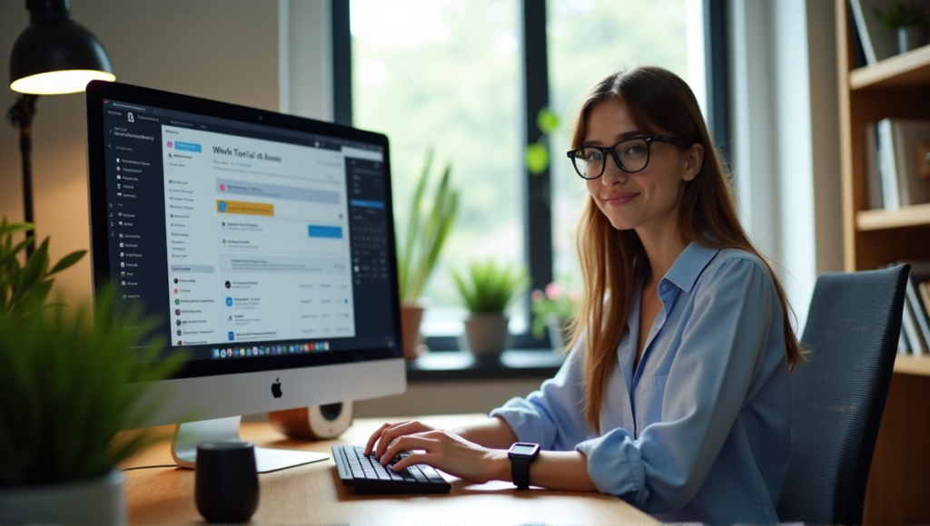 "A young woman sits at a wooden desk with AI-powered apps on her 4K monitor, surrounded by smart devices in a minimalist office space."