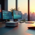 AI-Driven Task Management: Streamlining Efficiency with Intelligent Automation "A sleek office desk with a silver AI-powered task management system at its center, surrounded by digital displays showcasing real-time data analytics and task assignments, amidst a serene cityscape."