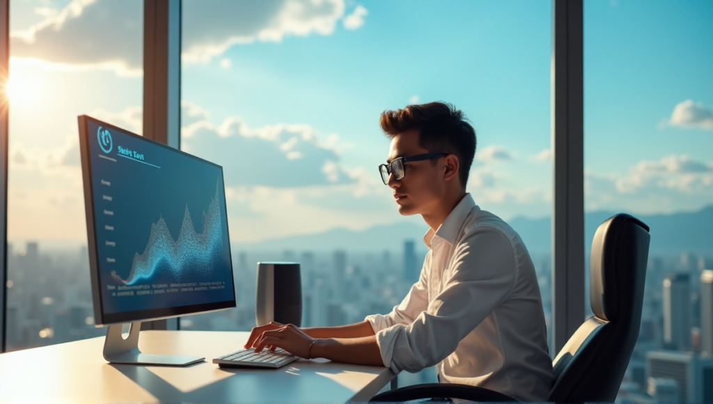 "Image of a young professional in a modern office with AI-powered technology devices, surrounded by a stunning cityscape view, exuding confidence and focus while utilizing AI automation solutions."