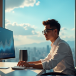 "Image of a young professional in a modern office with AI-powered technology devices, surrounded by a stunning cityscape view, exuding confidence and focus while utilizing AI automation solutions."