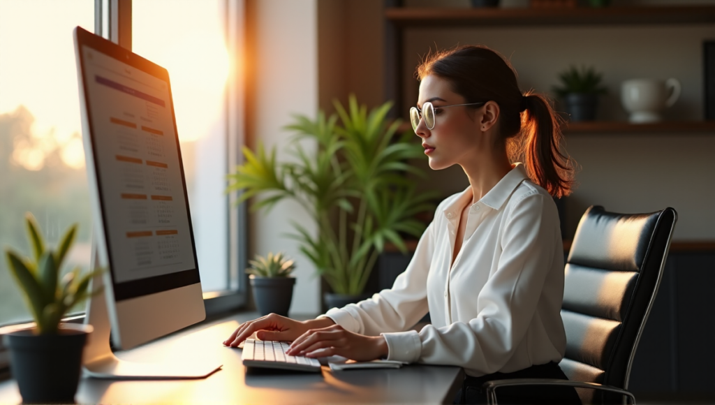 "A young professional woman sits at a minimalist desk, poised to tackle goals with AI automation solutions, surrounded by lush greenery in a tastefully decorated home office."