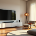 "Maximize Home Energy Efficiency with Top AI Apps for Smart Automation" "A modern smart home living room with a minimalist design, featuring a large 4K LED TV, soundbar system, and AI automation solutions integrated into the space."