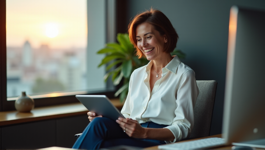 "An HR manager sits comfortably at her desk, surrounded by modern office equipment and AI-powered analytics on a high-end tablet."