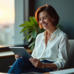 "Streamlining HR Tasks with AI Automation Solutions for Seamless Operations" "An HR manager sits comfortably at her desk, surrounded by modern office equipment and AI-powered analytics on a high-end tablet."