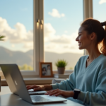"How to Simplify Work-Life Balance with Top AI Apps for Home and Work Efficiency" "A woman sits comfortably on a couch surrounded by AI-powered devices in her home office setup, exuding calmness and contentment amidst natural light and serene surroundings."