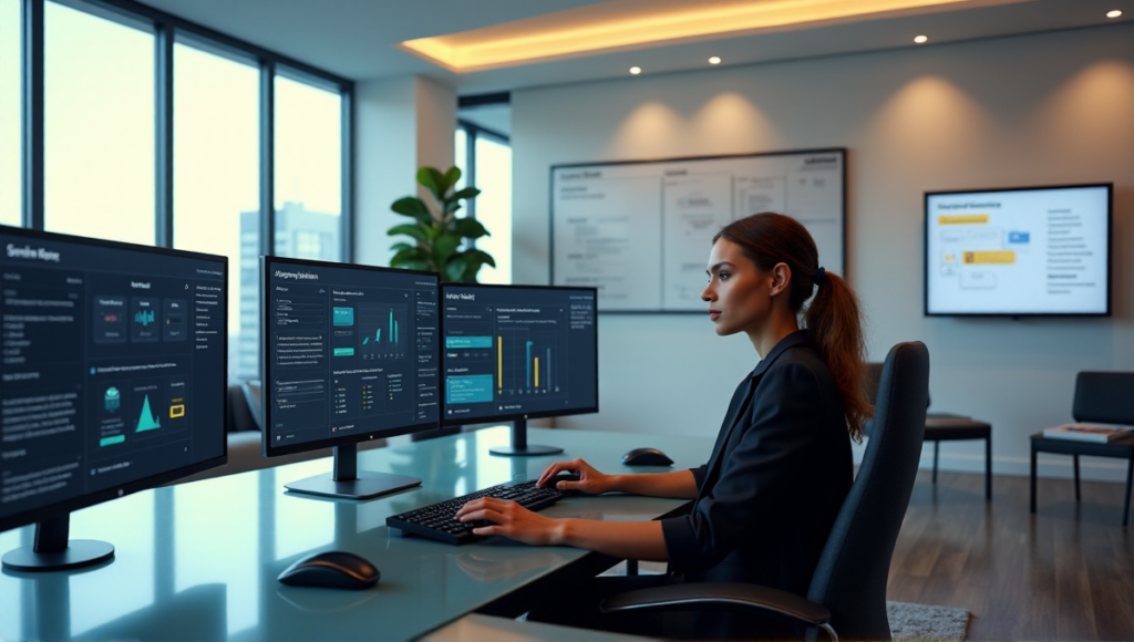 "A modern office space featuring a person using AI-powered technology to manage tasks and projects with calm focus and productivity."