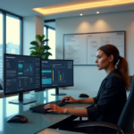 Boost Business Productivity with AI-Driven Task Management Solutions "A modern office space featuring a person using AI-powered technology to manage tasks and projects with calm focus and productivity."