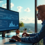 "A young professional sits at a minimalist desk, hands on keyboard and mouse, gazing out at a serene office landscape with lush greenery and a large monitor displaying an AI-driven task management interface."