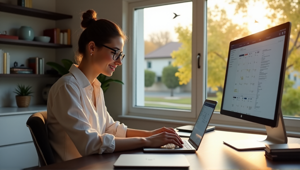 "A young professional woman sits in her clutter-free home office, surrounded by natural light, using AI-powered tools to manage tasks and responsibilities with calm focus."