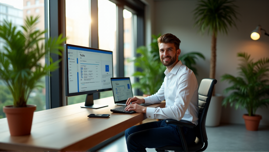 "A young professional works efficiently in a modern office space with AI tools like Trello, Asana, and Google Drive integrated into their workflow using AI automation solutions."