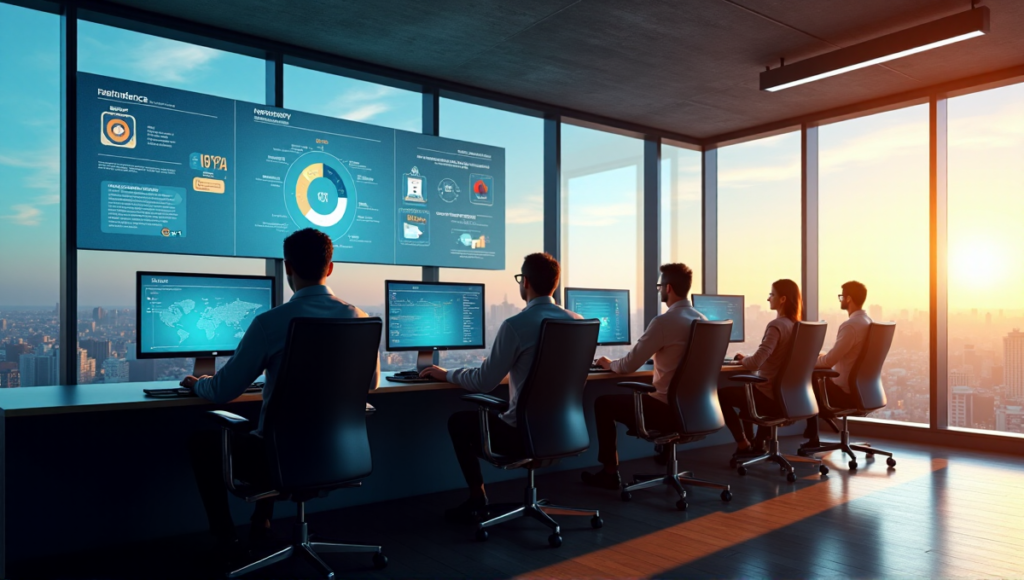 "A modern IT control room with AI-powered tools on a large screen, five focused professionals working in harmony."