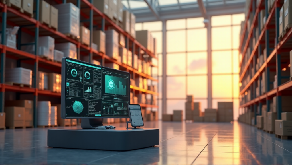 "A modern warehouse scene featuring a sleek inventory management system powered by AI automation solutions, surrounded by high-tech gadgets and devices."