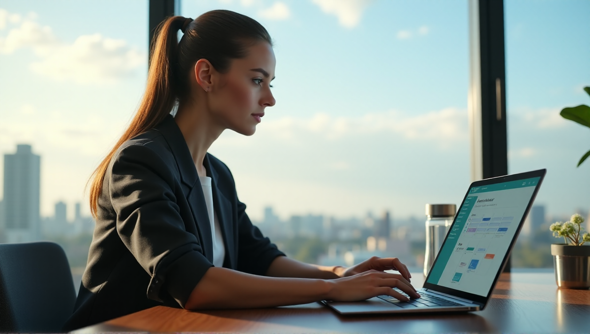 A young professional woman sits at a minimalist desk, surrounded by AI-powered productivity tools like Todoist, Trello, and RescueTime, with a calm determination on her face as she prepares to work efficiently using AI automation solutions.