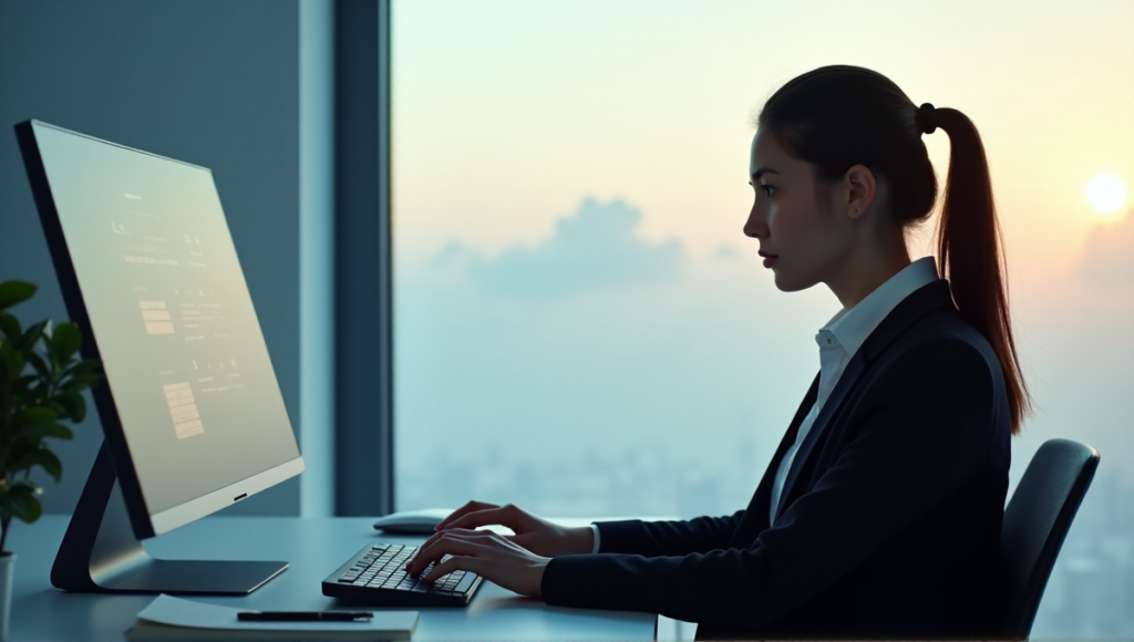 "A young professional woman efficiently navigates an AI-powered time management interface on her computer, surrounded by a clutter-free workspace with productivity tools."